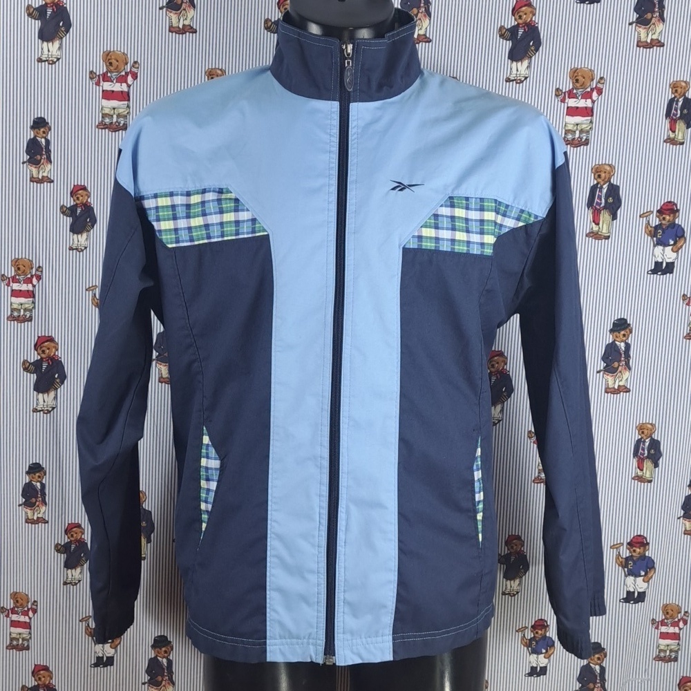 Vintage Reebok full zip navy blue & plaid Women's LG casual windbreaker jacket